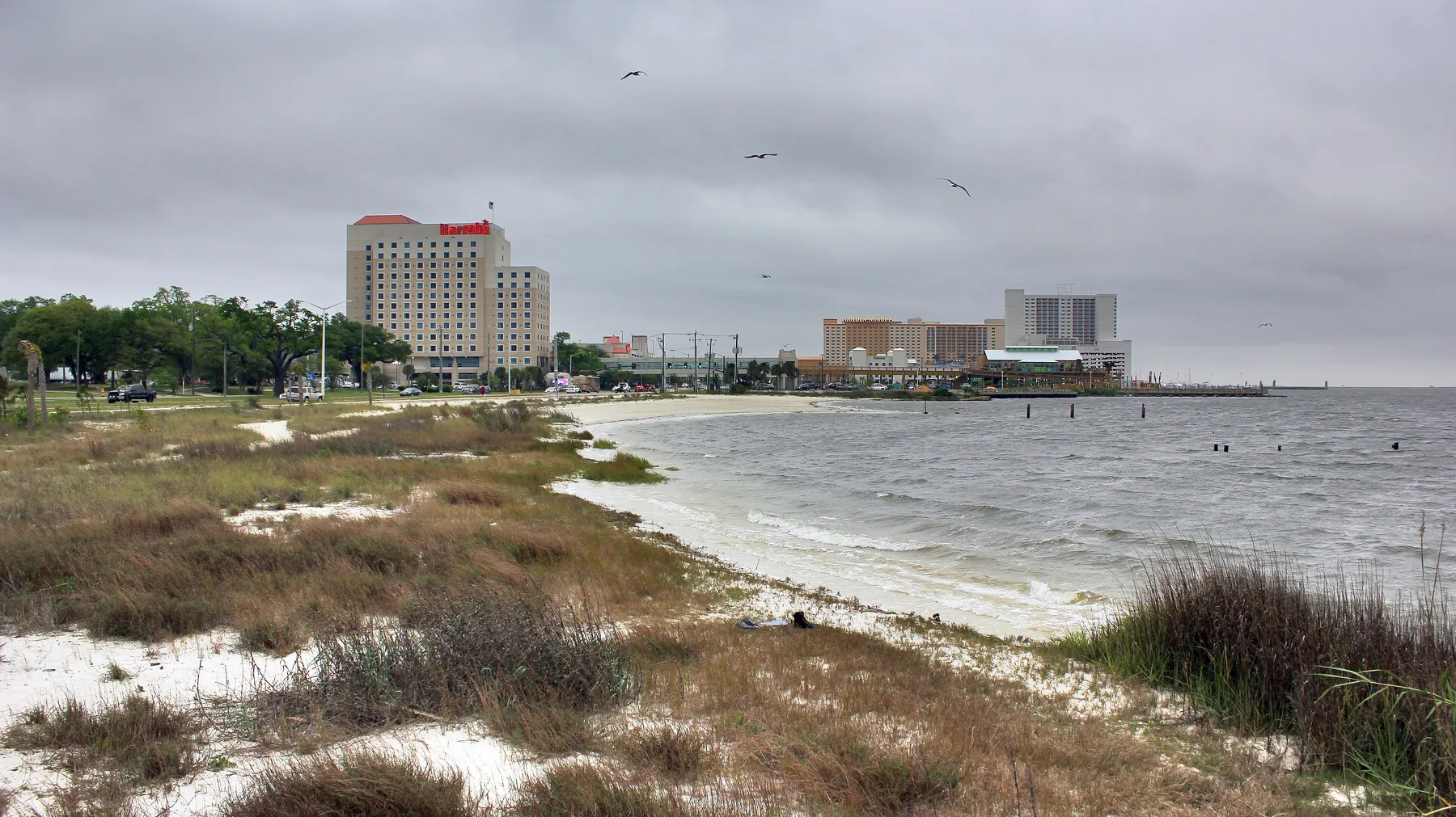 Casino hotel towers and beach along the Biloxi waterfront on the Mississippi Gulf Coast