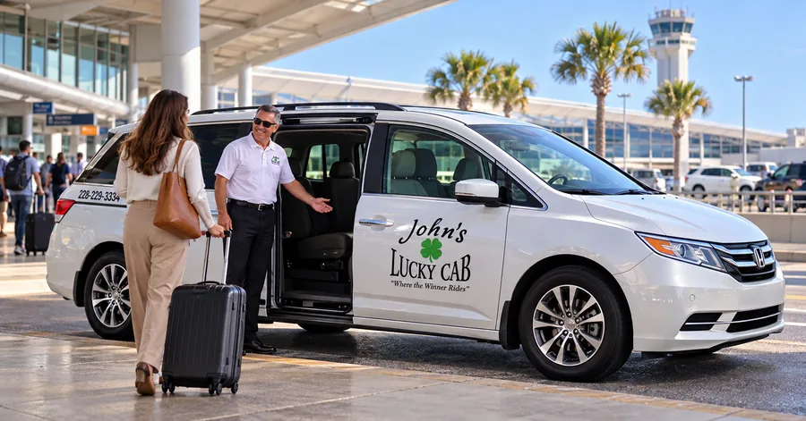 A John's Lucky Cab minivan at the airport curb, with the driver greeting a passenger